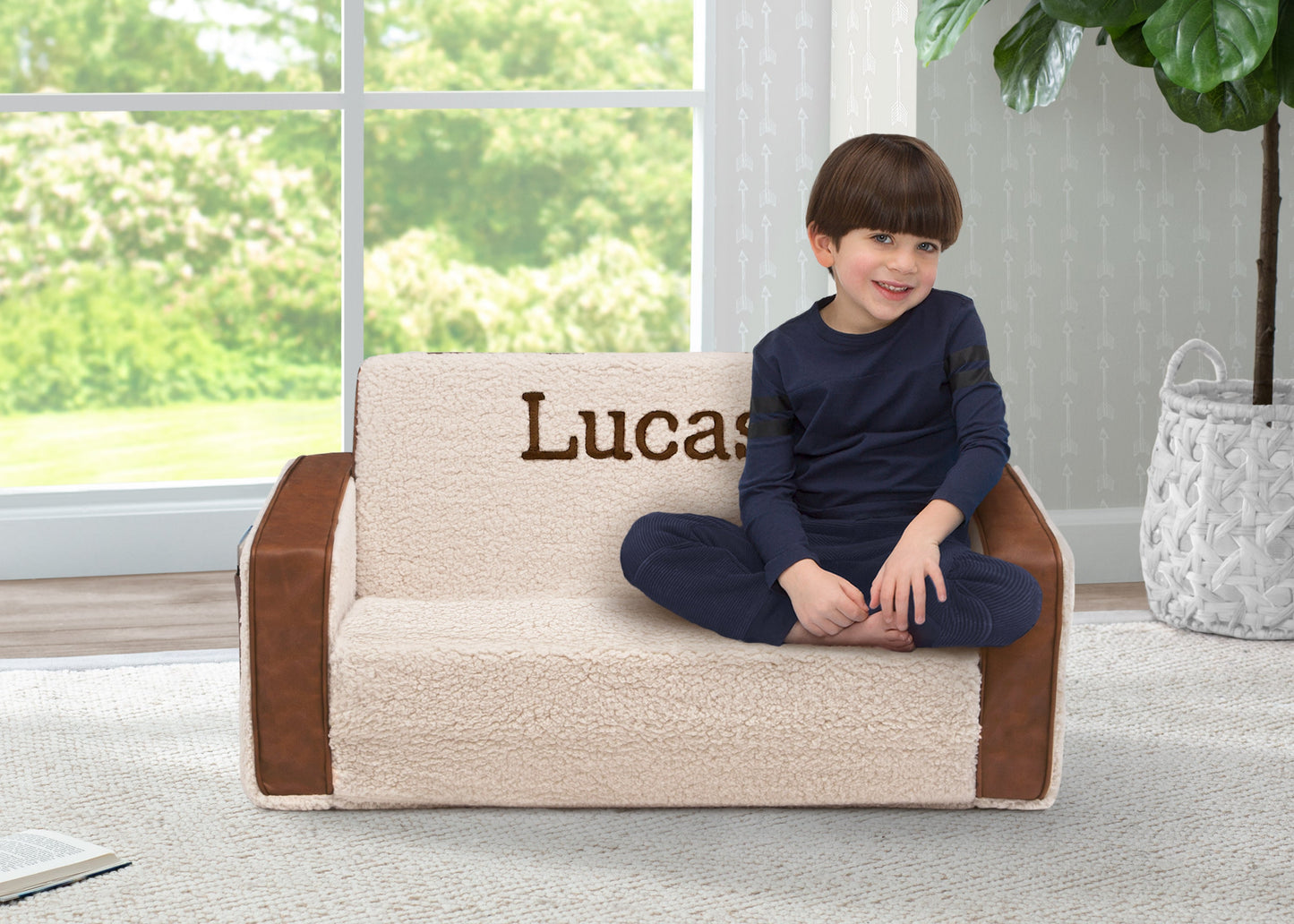 Personalized Cozee Flip-Out Sherpa and Leather 2-in-1 Convertible Sofa to Lounger for Kids