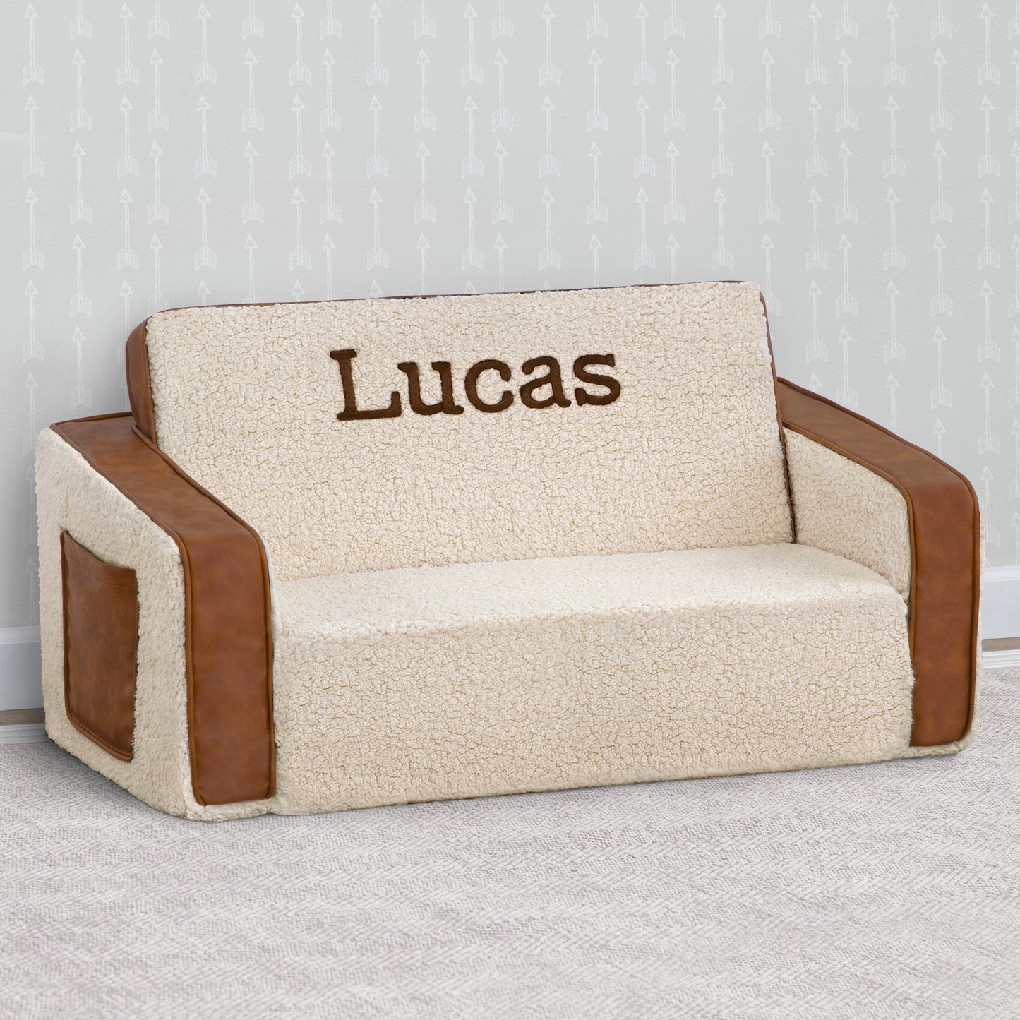 Personalized Cozee Flip-Out Sherpa and Leather 2-in-1 Convertible Sofa to Lounger for Kids
