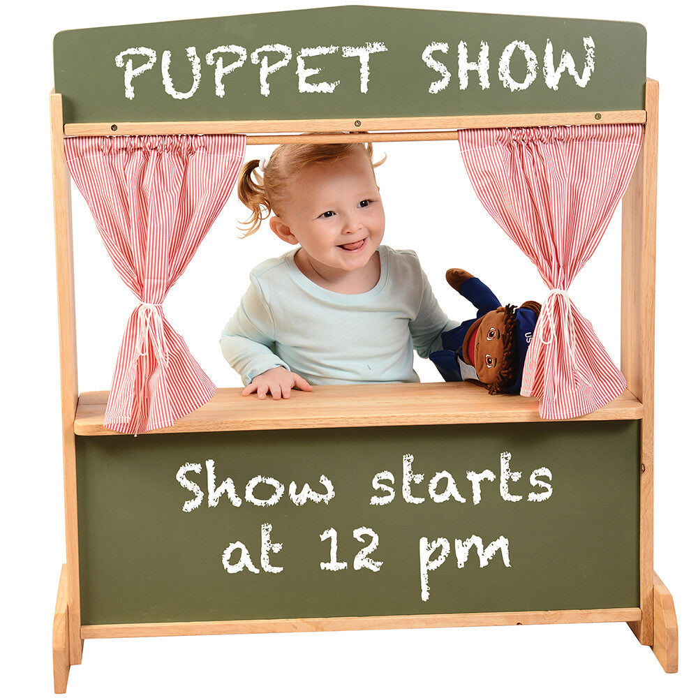 Wooden Puppet Stage with Candy-Stripe Curtains & Chalkboard