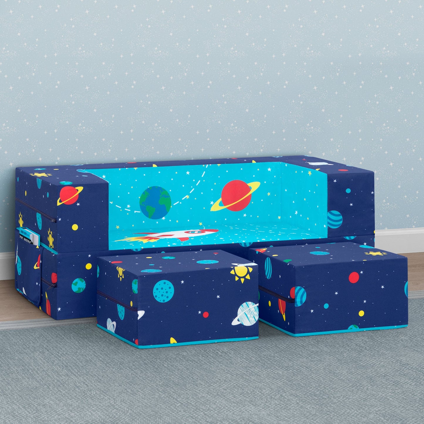 Convertible Sofa and Play Set for Kids and Toddlers – Modular Foam Couch and Flip Out Lounger with 2 Ottomans
