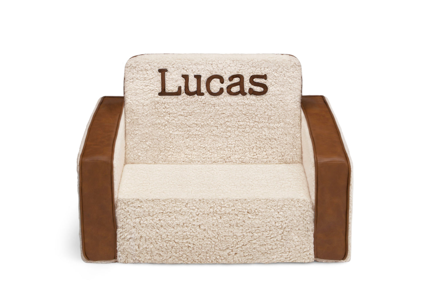 Personalized Cozee Flip-Out Sherpa and Faux Leather 2-in-1 Convertible Chair to Lounger for Kids