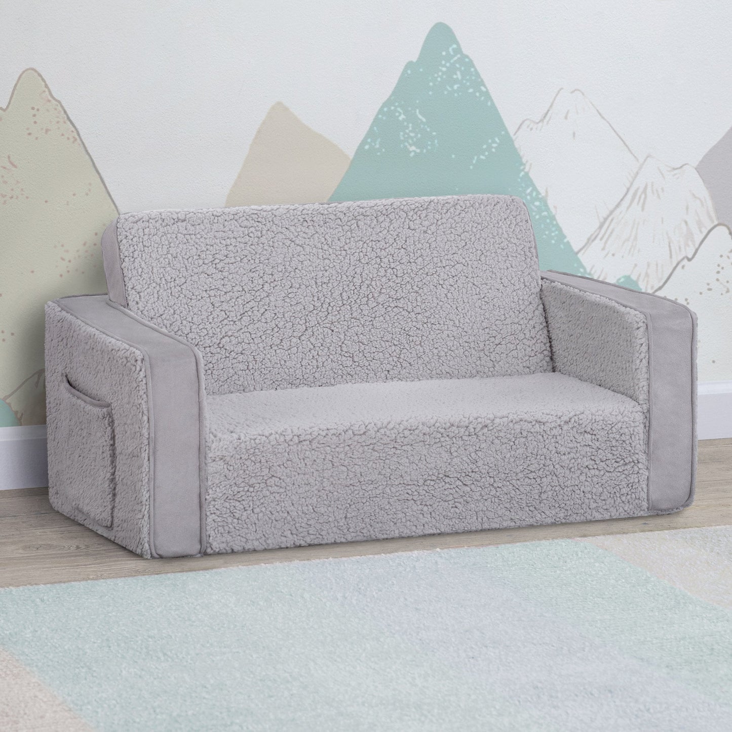 Cozee Flip-Out Sherpa and Suede 2-in-1 Convertible Sofa to Lounger for Kids