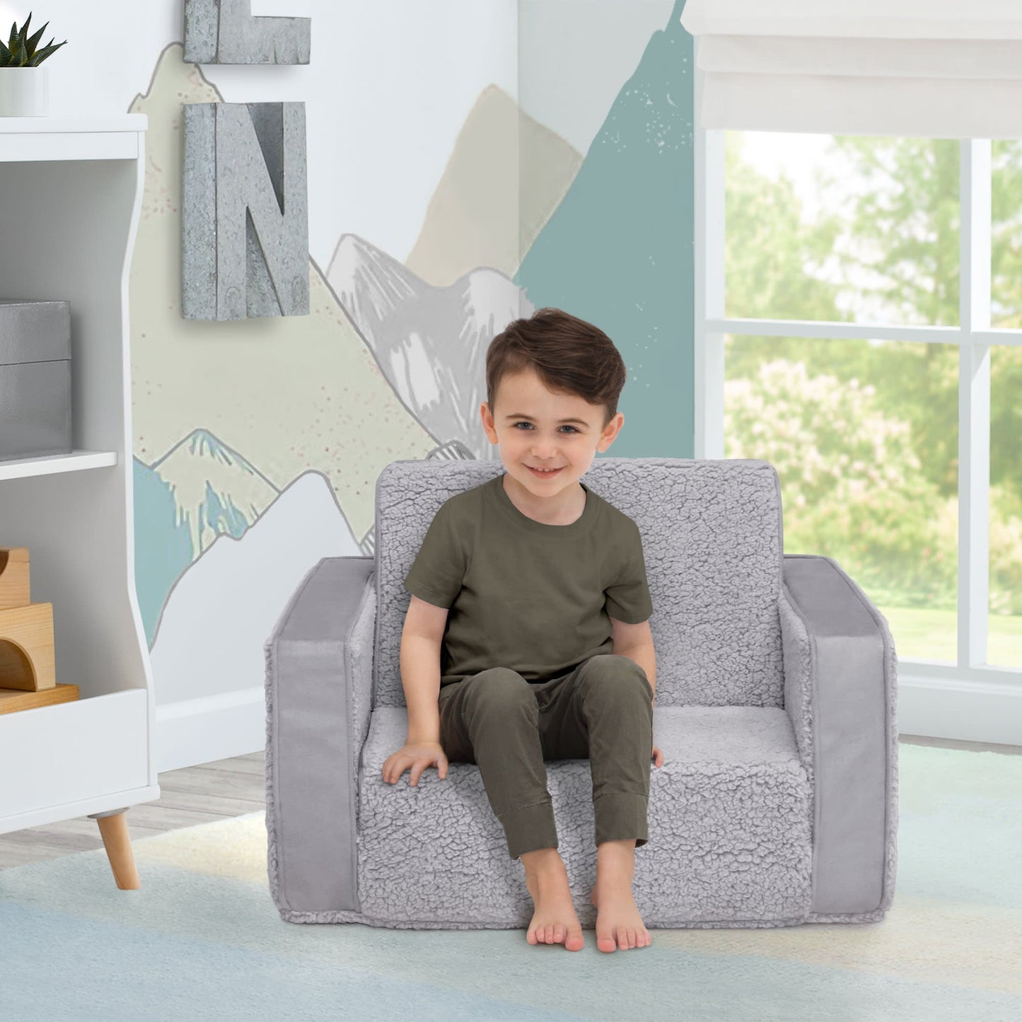 Cozee Flip-Out Sherpa and Suede 2-in-1 Convertible Chair to Lounger for Kids