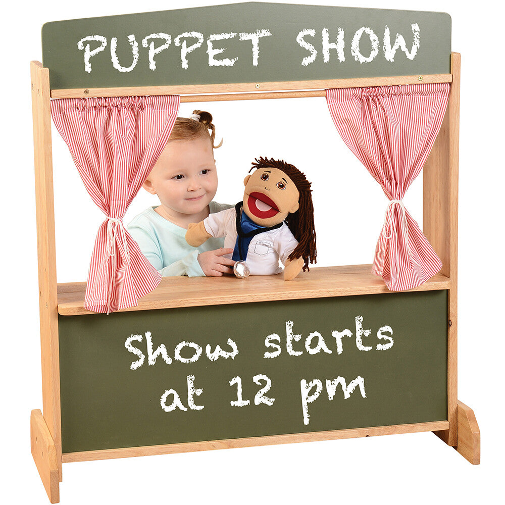 Wooden Puppet Stage with Candy-Stripe Curtains & Chalkboard